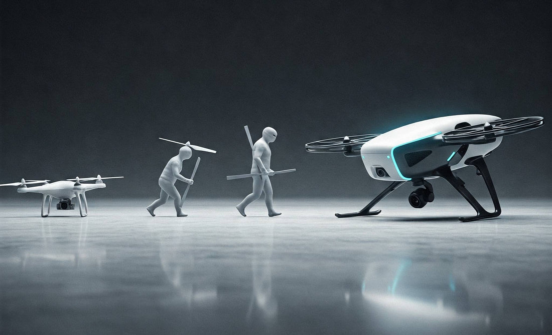 Evolution of drone technology depicted through a futuristic drone alongside early human aviation concepts, illustrating the advancement of UAVs.