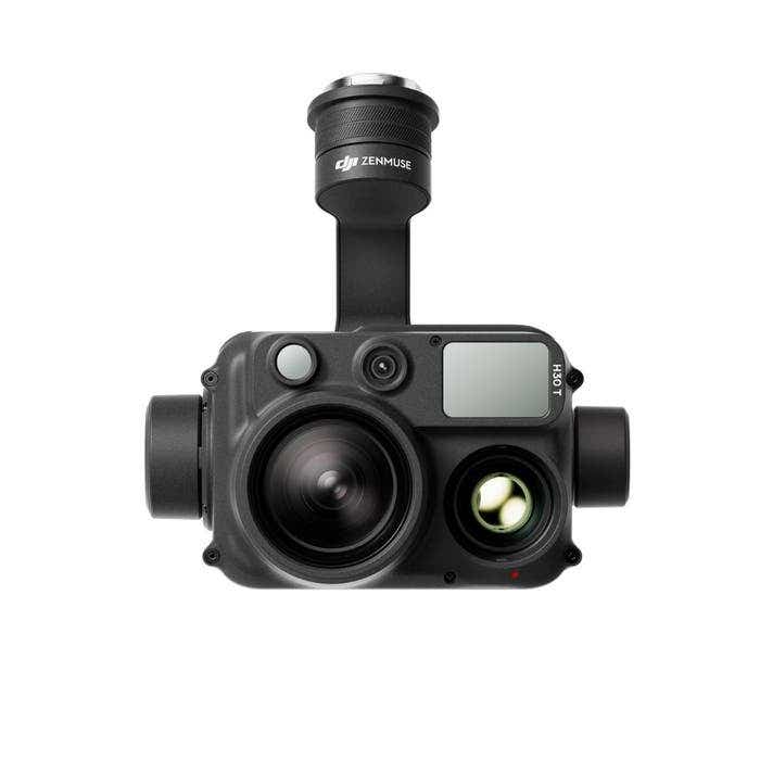 Front view of DJI Zenmuse H30T camera with thermal and zoom lenses for aerial inspections
