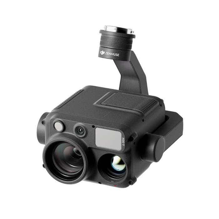 Angled view of DJI Zenmuse H30T camera with thermal and zoom lens system
