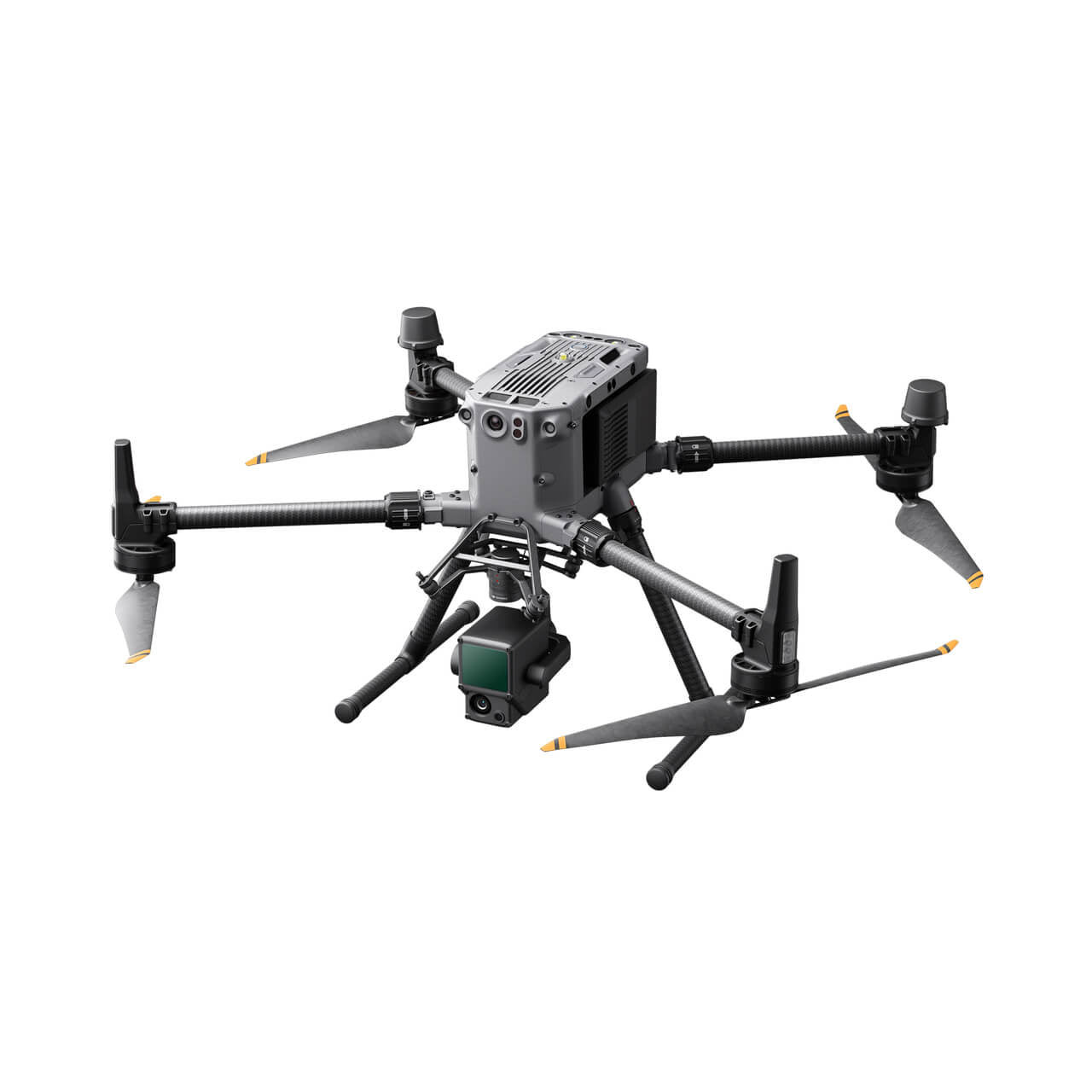 Angled view of DJI Matrice 350 RTK drone in flight showing robust design