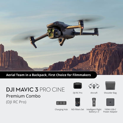 DJI Mavic 3 Pro in flight over rocky terrain for aerial photography featuring premium combo products.
