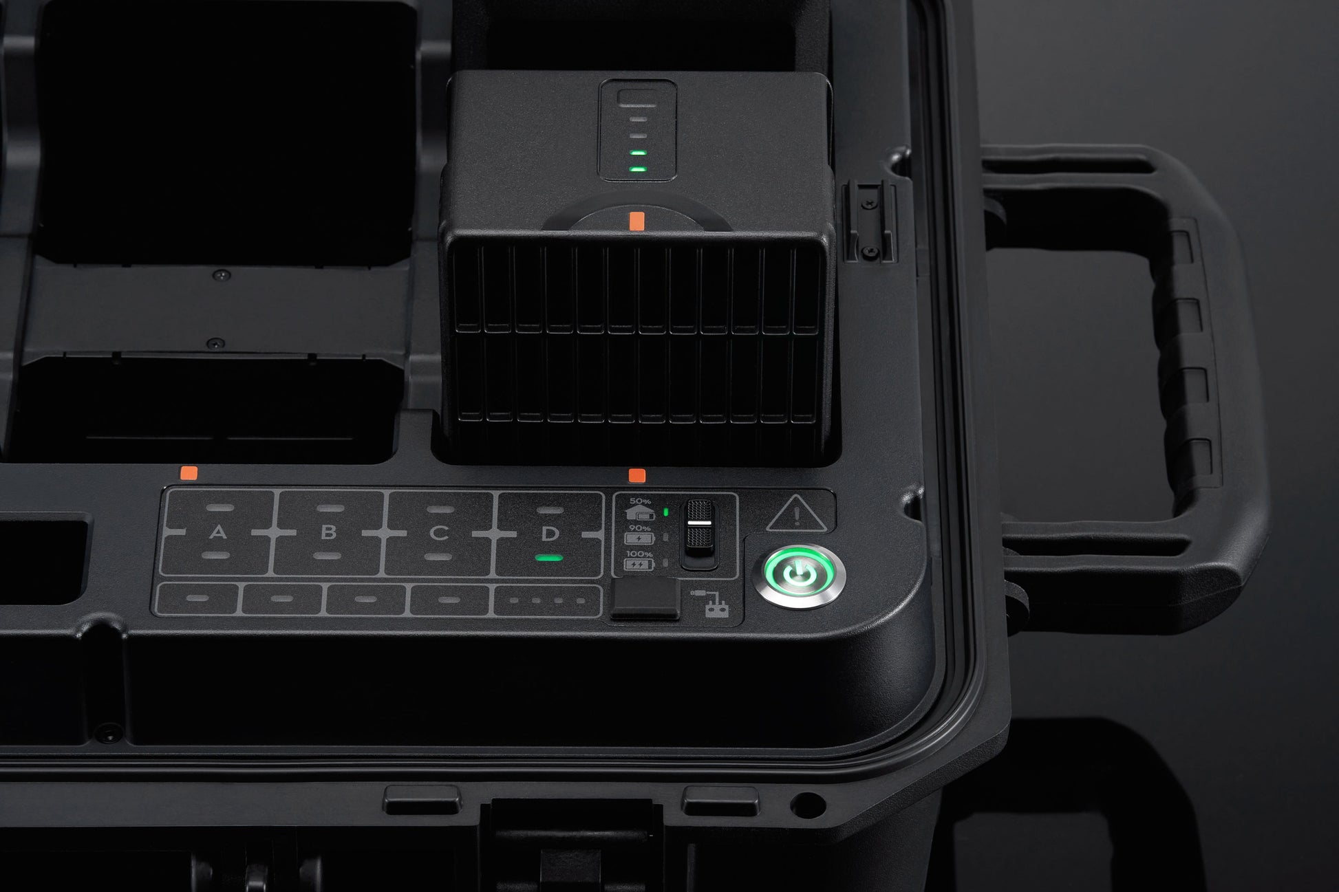 Close-up view of control panel and indicators on DJI BS65 intelligent battery station
