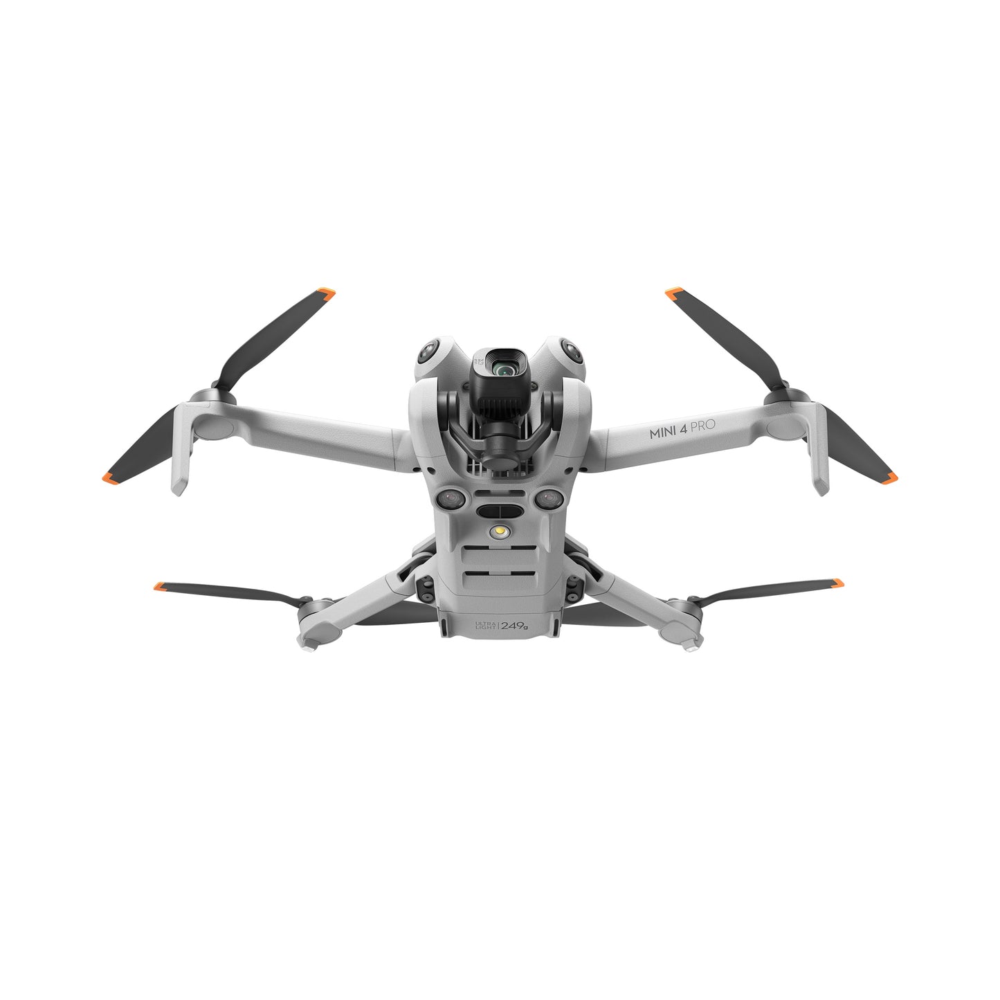 Front view of DJI Mini 4 Pro drone with camera and sensors

