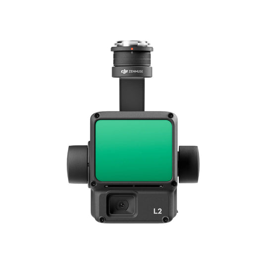 Front view of DJI Zenmuse L2 camera with visible green sensor panel.