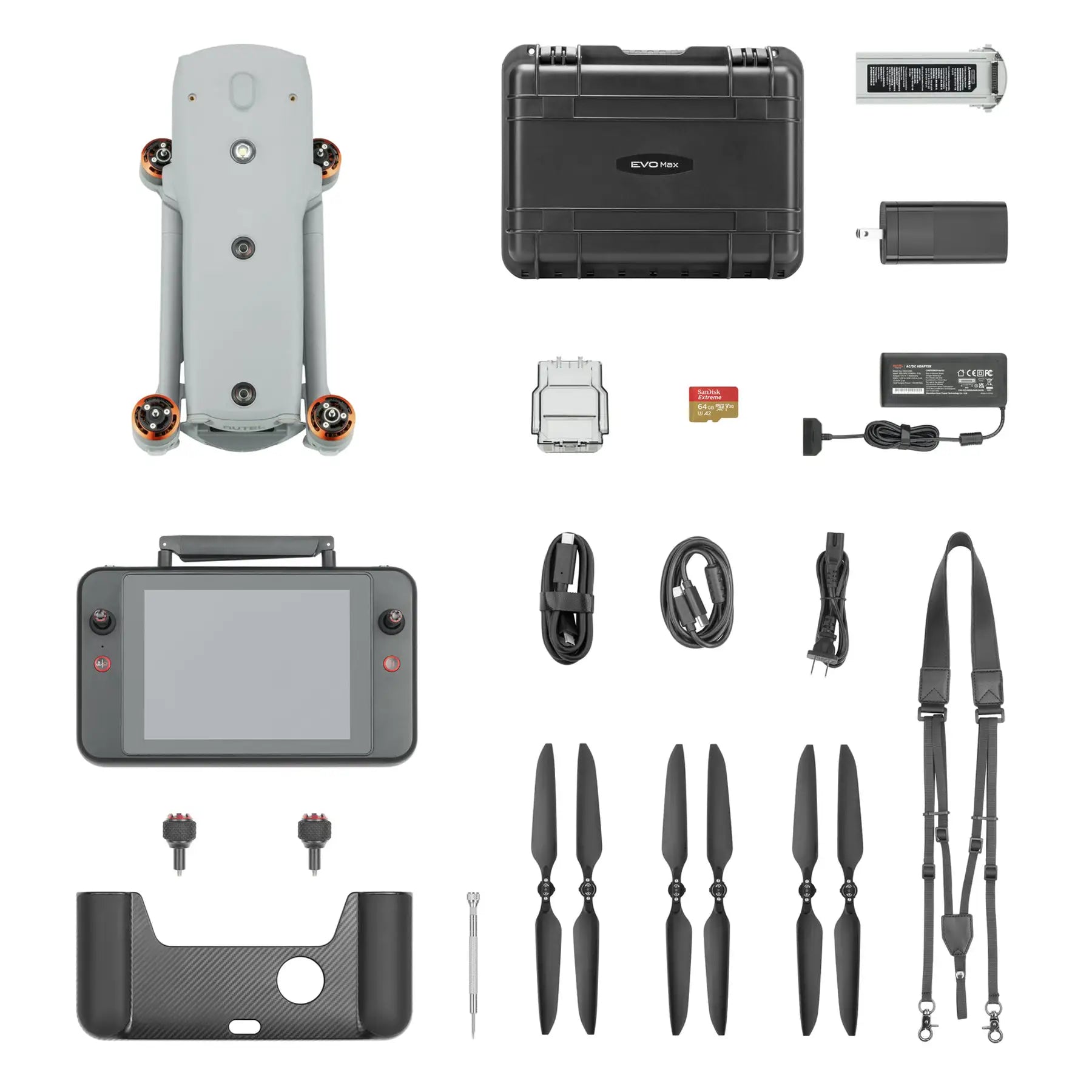 Overhead layout of the Autel EVO Max 4T drone package, showing drone, controller, and all included accessories.