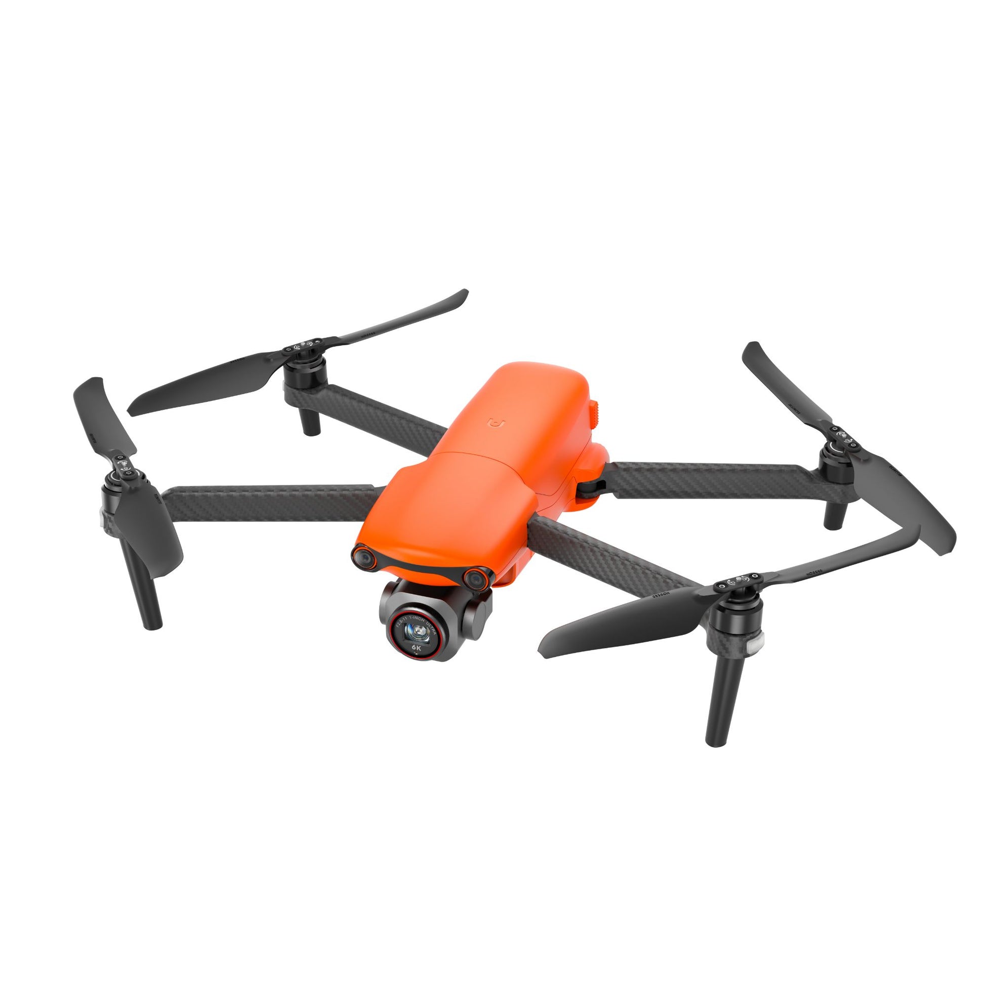 Orange Autel EVO Lite drone in mid-flight, angled side view
