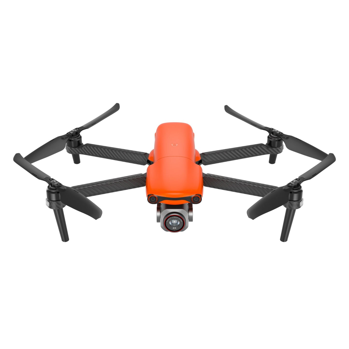 Front view of orange Autel EVO Lite drone in flight with camera and propellers extended
