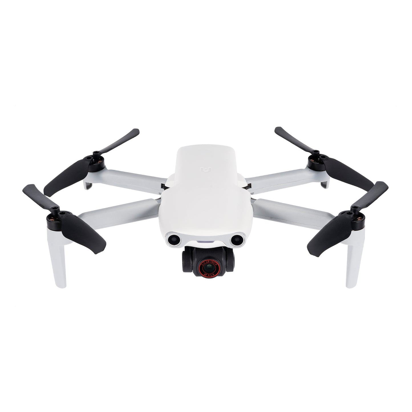 Front view of white Autel EVO Nano drone with extended propellers and camera
