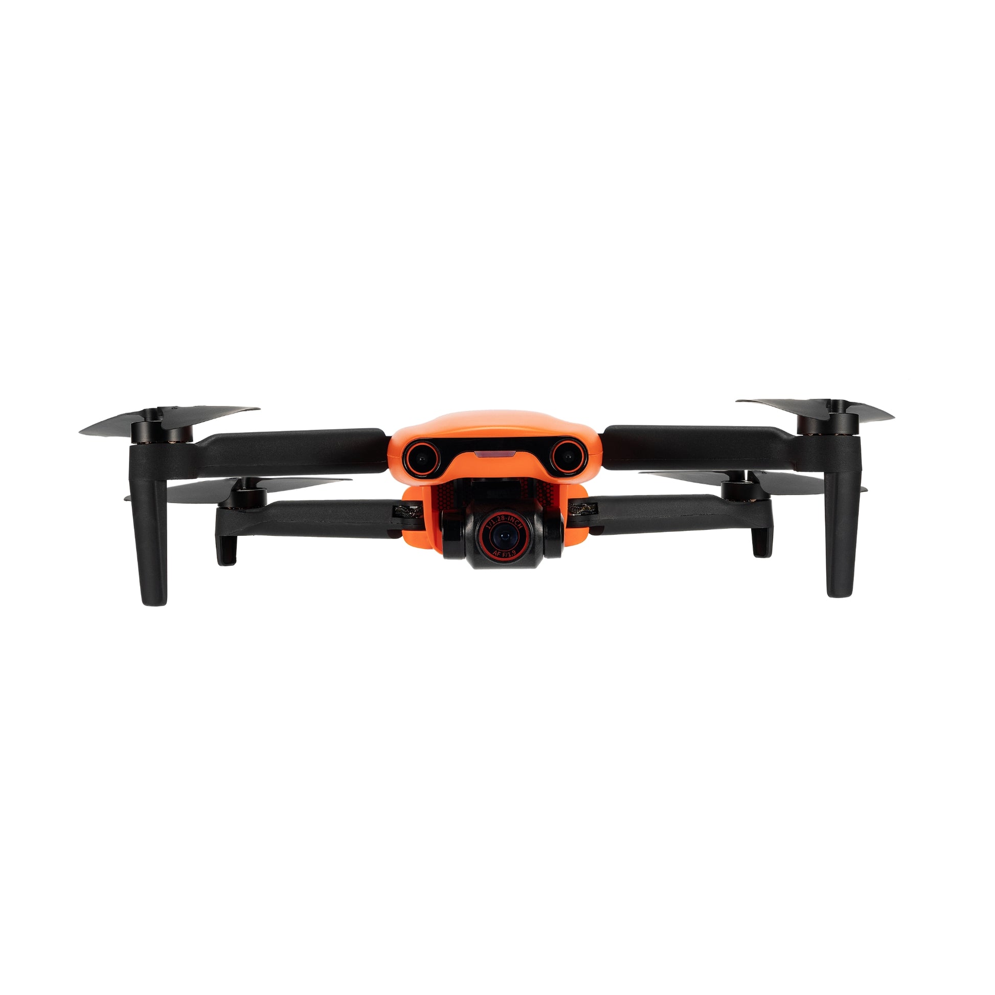 Orange Autel EVO Nano drone in mid-flight, side view showing camera
