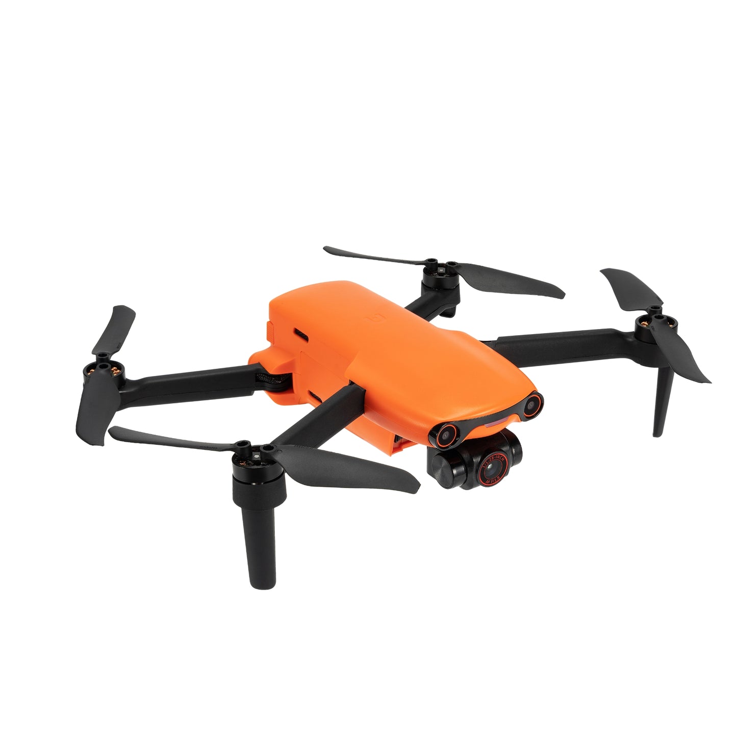 Angled front view of orange Autel EVO Nano drone flying
