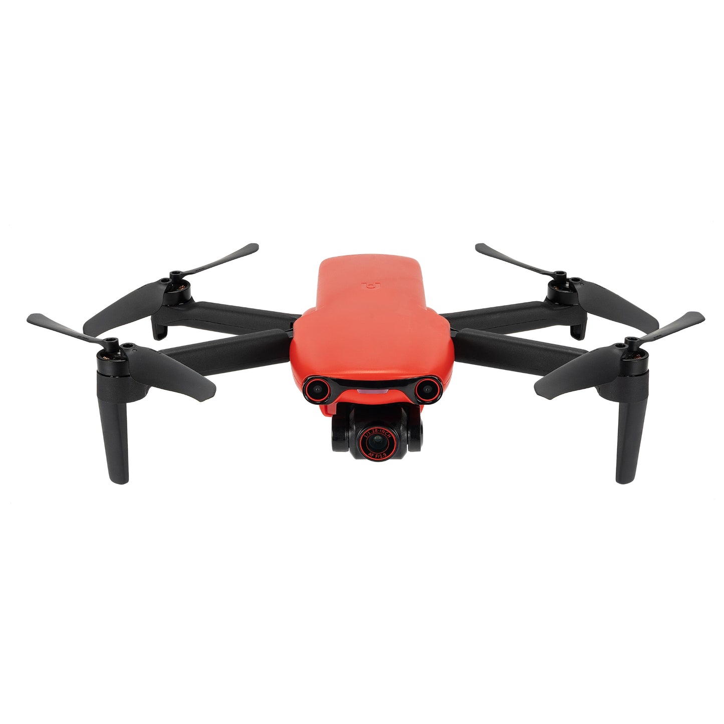 Angled front view of red Autel EVO Nano drone in mid-flight
