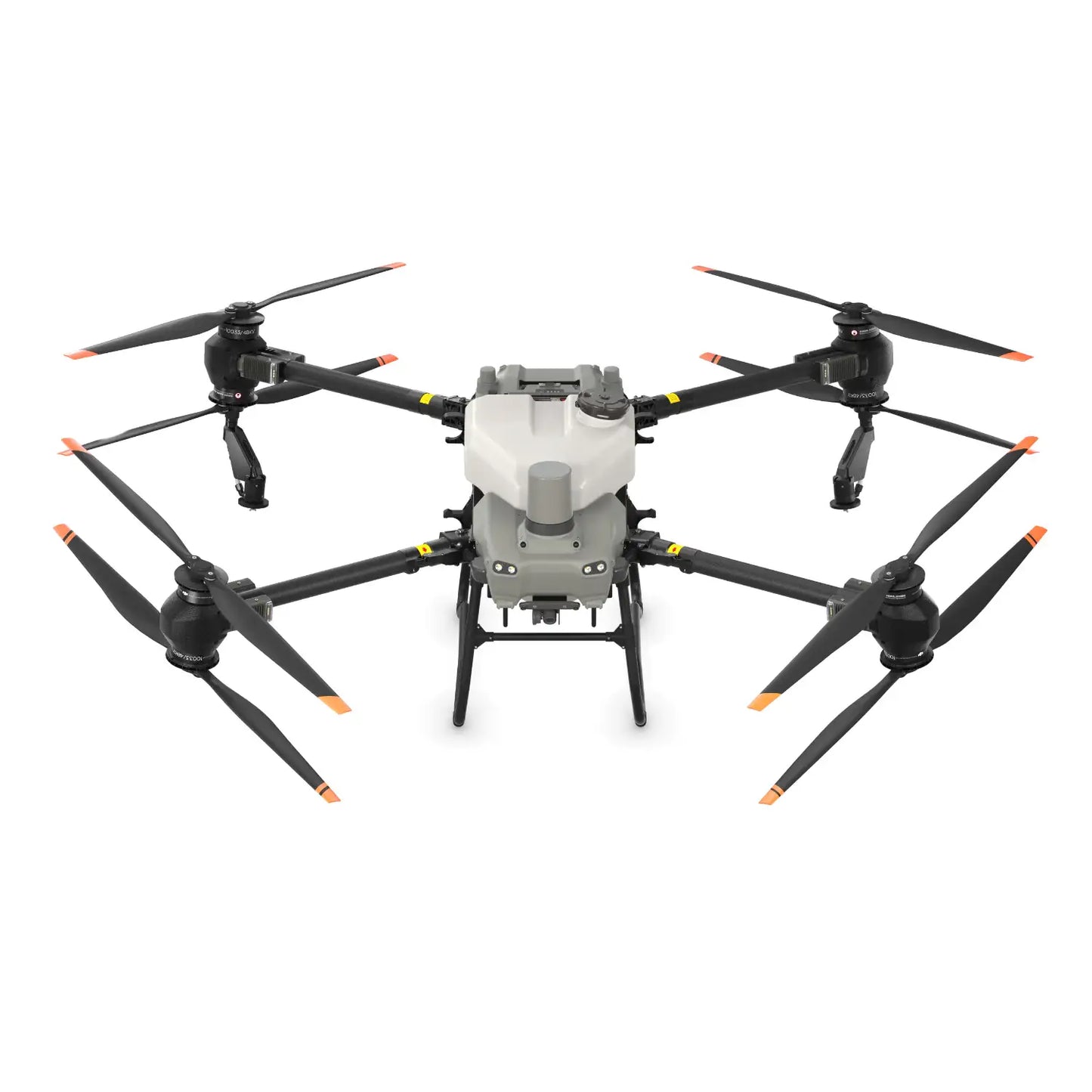 Front view of DJI Agras T50 drone with extended propellers, used in the 65W Charger Combo for agricultural spraying