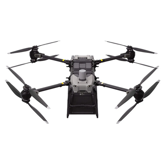 Front view of DJI FlyCart 30 delivery drone with cargo compartment and extended propellers