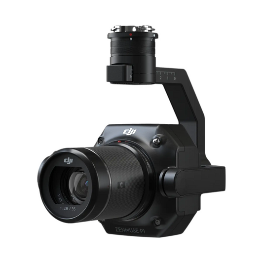 Angled view of DJI Zenmuse P1 camera with gimbal mount for precision aerial surveying