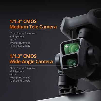 Close-up of DJI Air 3's wide-angle and medium tele cameras