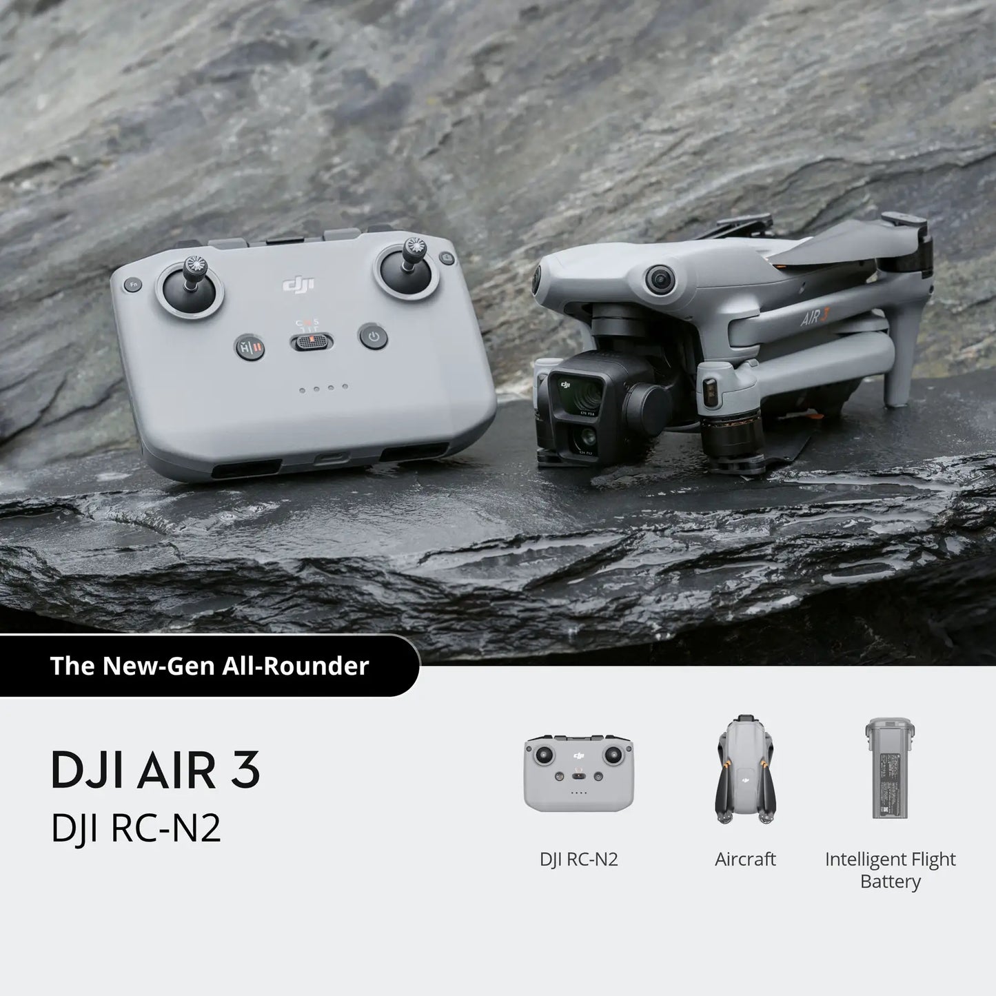 DJI Air 3 with RC-N2 controller and accessories, placed on rocky surface