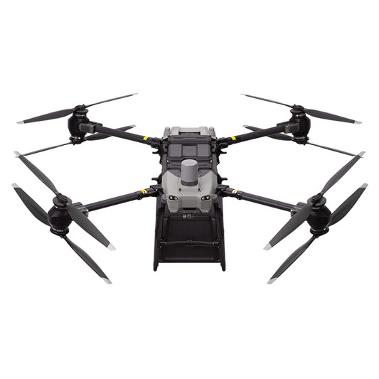 Front view of DJI FlyCart 30 delivery drone with cargo compartment and extended propellers
