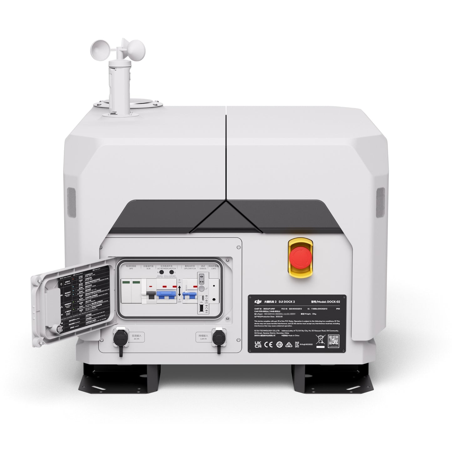 Front view of DJI Dock 2 showing internal control panel open for access