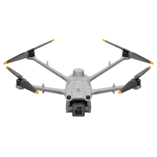 Front view of the DJI Matrice 3D drone in flight with visible sensors and propellers
