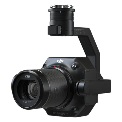 Angled view of DJI Zenmuse P1 camera with gimbal mount for precision aerial surveying
