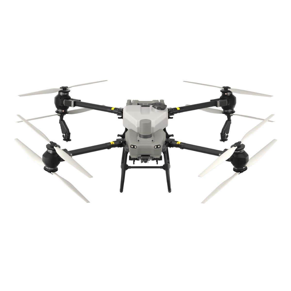 Front view of DJI Agras T50 drone with extended propellers, used in the 65W Charger Combo for agricultural spraying