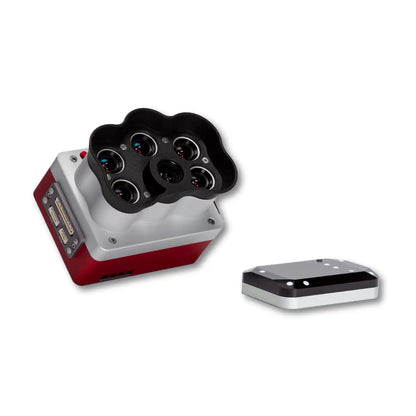 Side view of the MicaSense RedEdge-P camera with accessories, highlighting its compact design and multispectral imaging capabilities