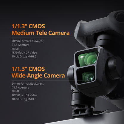 Close-up of DJI Air 3's wide-angle and medium tele cameras
