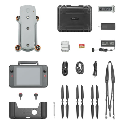 Overhead layout of the Autel EVO Max 4T drone package, showing drone, controller, and all included accessories.
