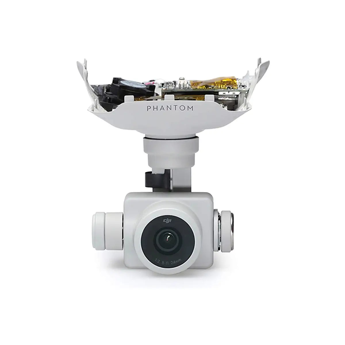 Close-up of a DJI Phantom 4 Pro V1 gimbal camera with partially exposed interior components