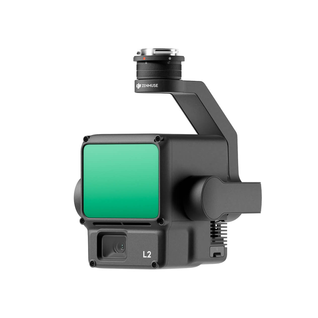 Side profile of DJI Zenmuse L2 camera showing the gimbal attachment.
