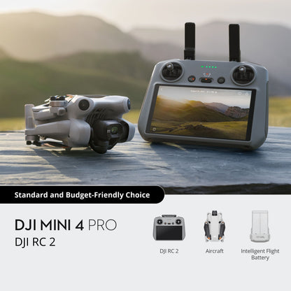 DJI Mini 4 Pro with RC-N2 controller, battery pack, and accessories
